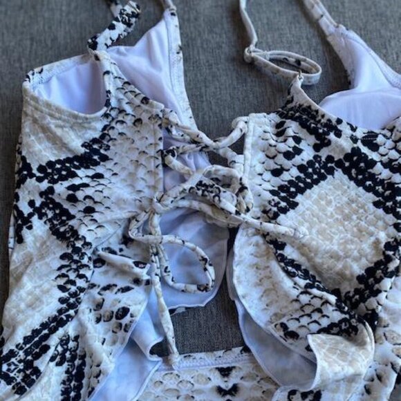 High Waisted Flounce Sexy Tie Front Lace up Retro Bikini, Snakeskin / Small - Picture 7 of 9